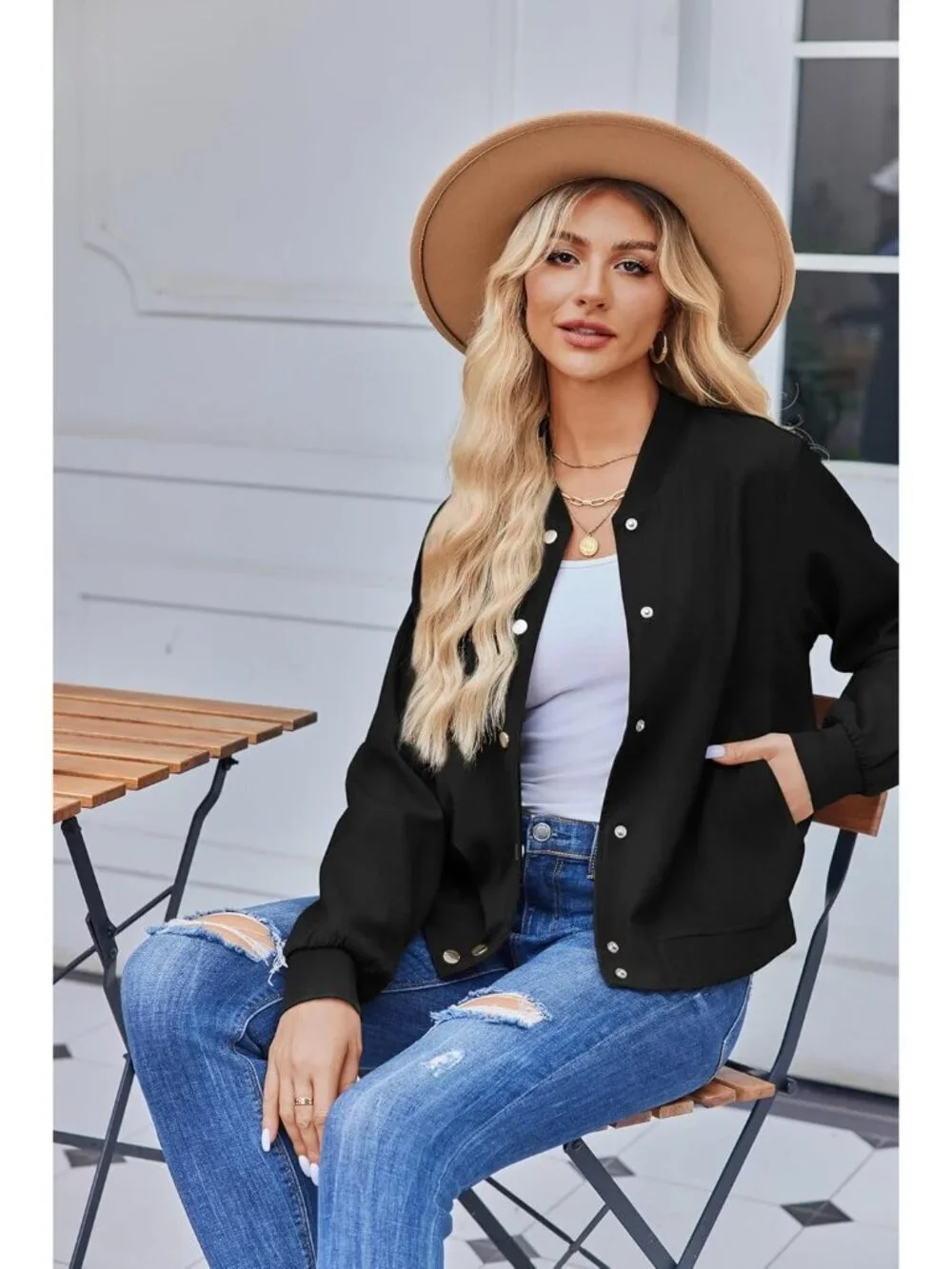 Women's Varsity Casual Button Down Spring Short Outfits with Pockets Solid Black